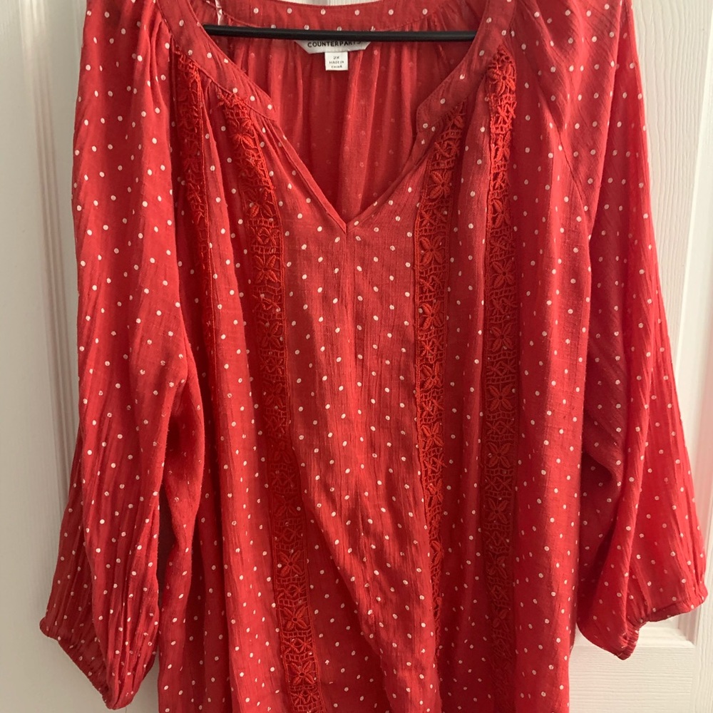 Red Peasant Top with White Polka Dots